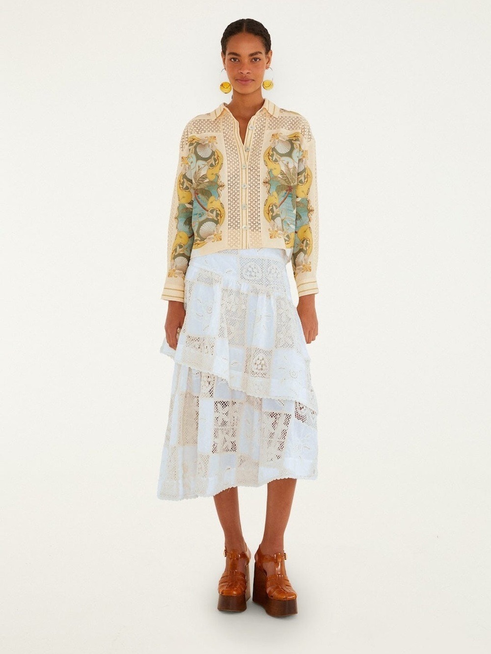 Farm Rio Off-White Scarf Eyelet Layered Maxi Skirt